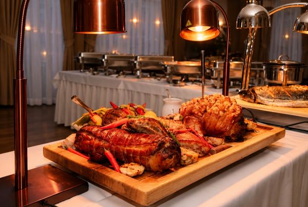 Roast meat on a board in front of chafing dishes