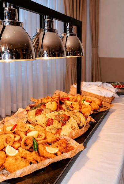 Fried schnitzels and calamari under heat lamps