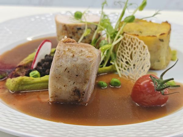 Plated warm course with sauce and garnish